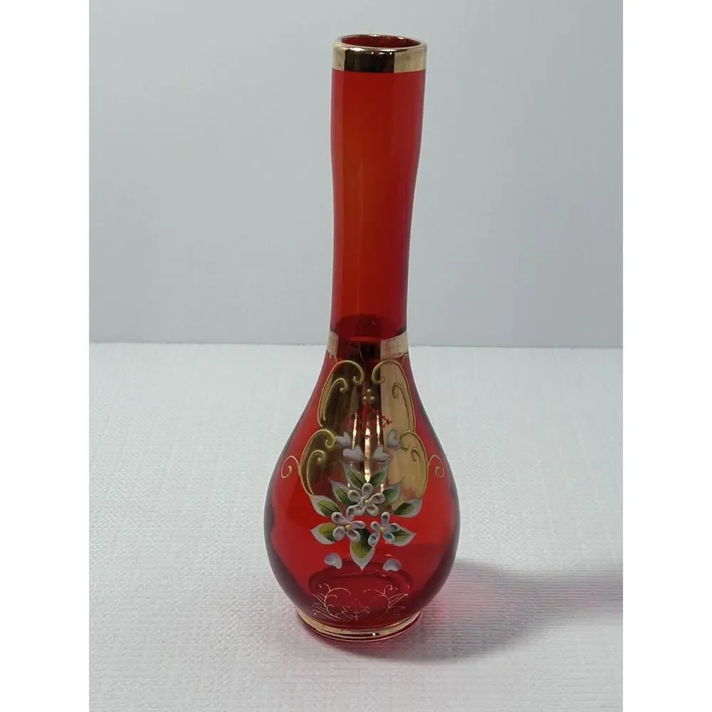 Vintage‎ Japan Emerald Red Bud Vase 8”Gold Gilding Hand Painted Flowers Moriage